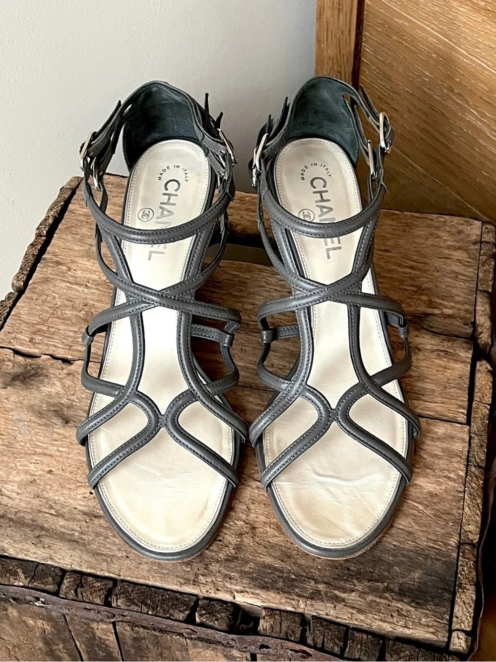 Chanel Grey Leather Strappy Cage Wedge Sandals Heels Shoes 40.5